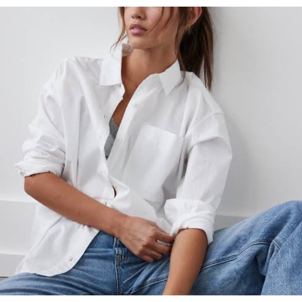AE sz XL Oversized 100% Cotton Relaxed Button Front Top Boyfriend Baggy Preppy